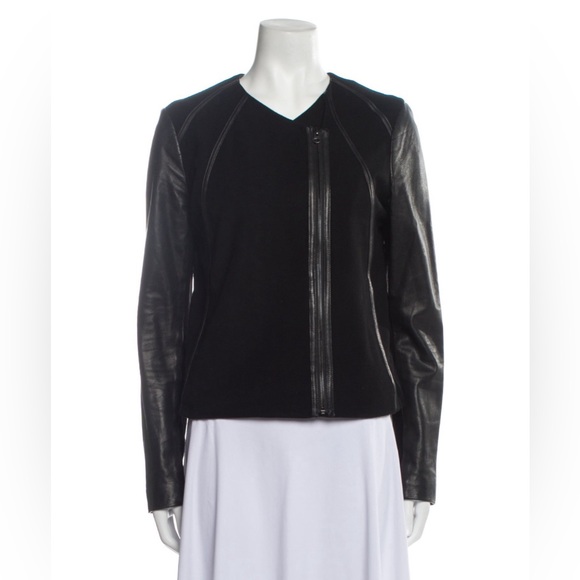 VINCE Designer Beautiful Soft Lamb Leather Contrast Point Black MOTO Jacket - Picture 4 of 15